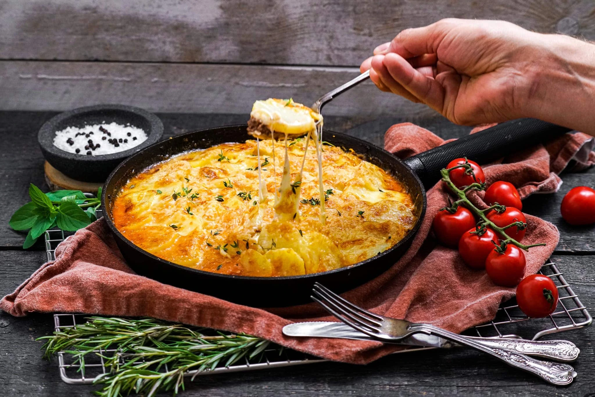 Rotwein-Ragout mit herzhaftem Kartoffelgratin überbacken