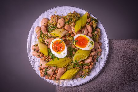 Gerösteter Lauch mit marinierten Miso Bohnen